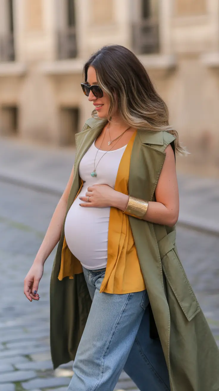 Comfortable pregnancy outfits 2026 – Layered city neutrals with a pop of mustard