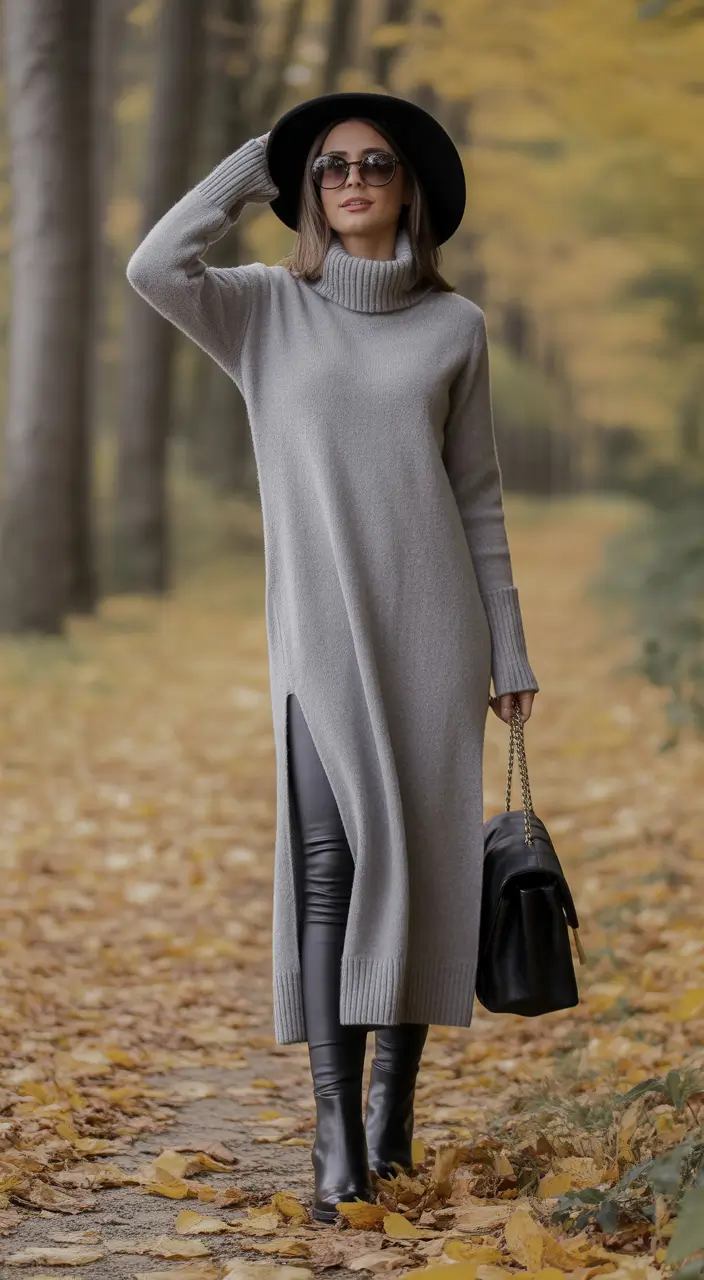 comfy outfits autumn Autumn Knit Dress and Leather Layers