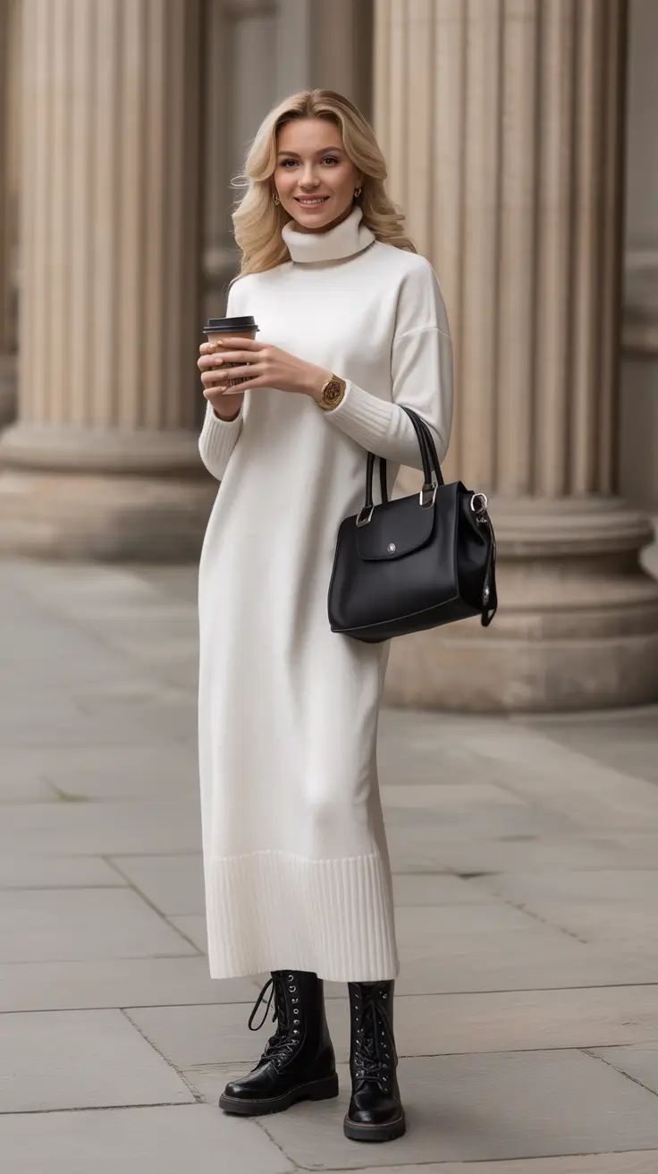 comfy outfits winter City Knit Dress with Combat Boots
