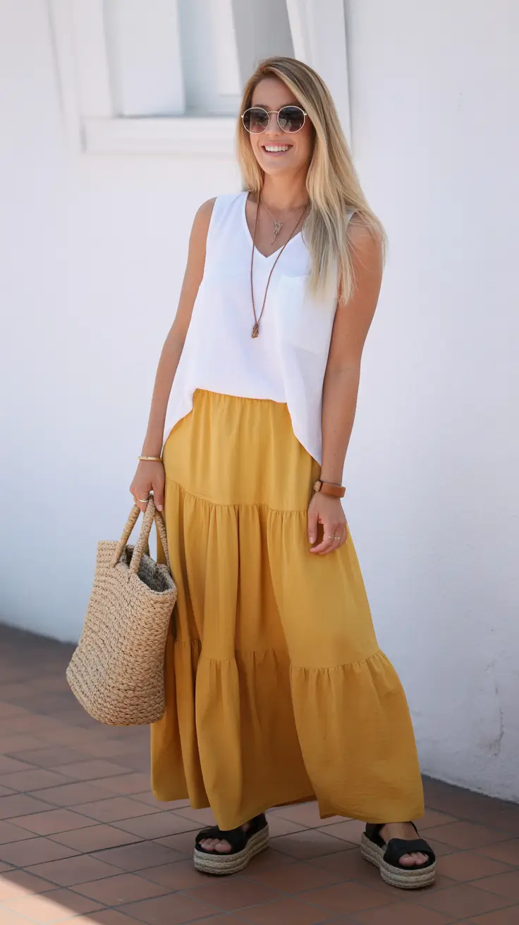 comfy outfits for summer Sunshine Maxi Skirt and White Tank
