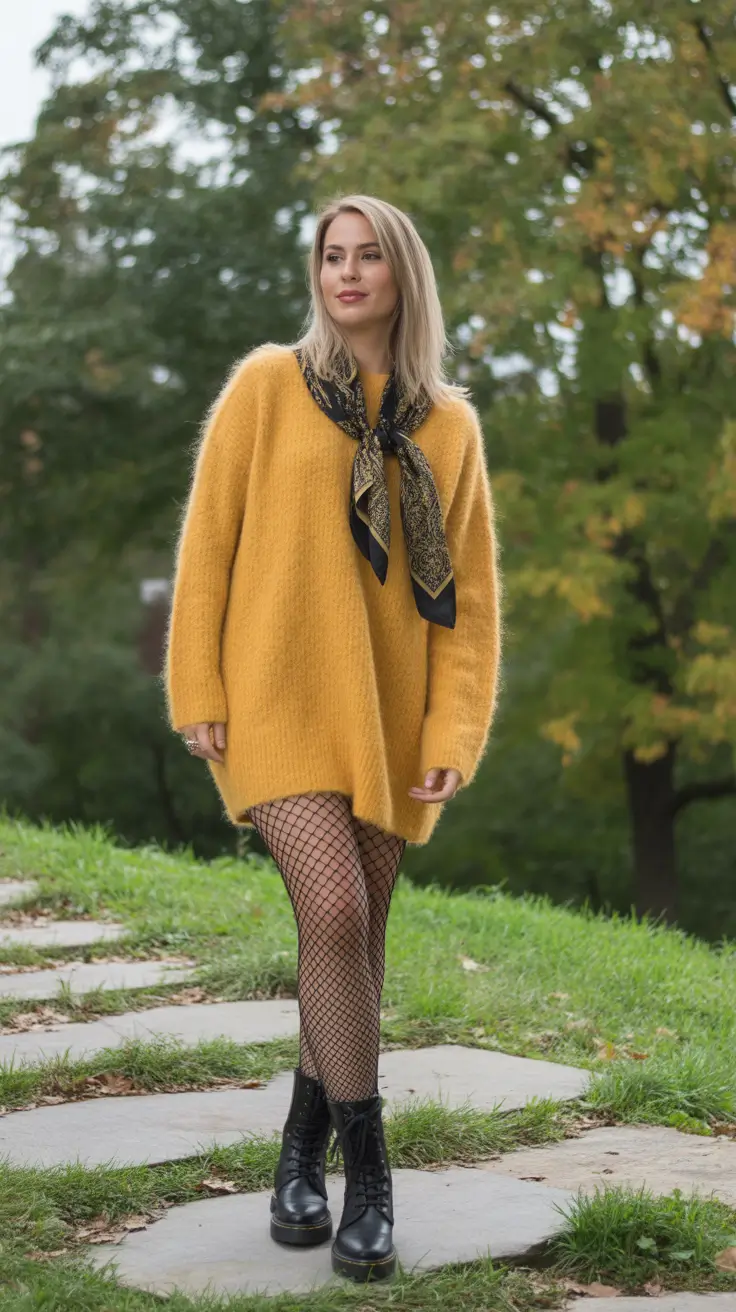comfy outfits autumn Bold Sweater and Tights with an Edge