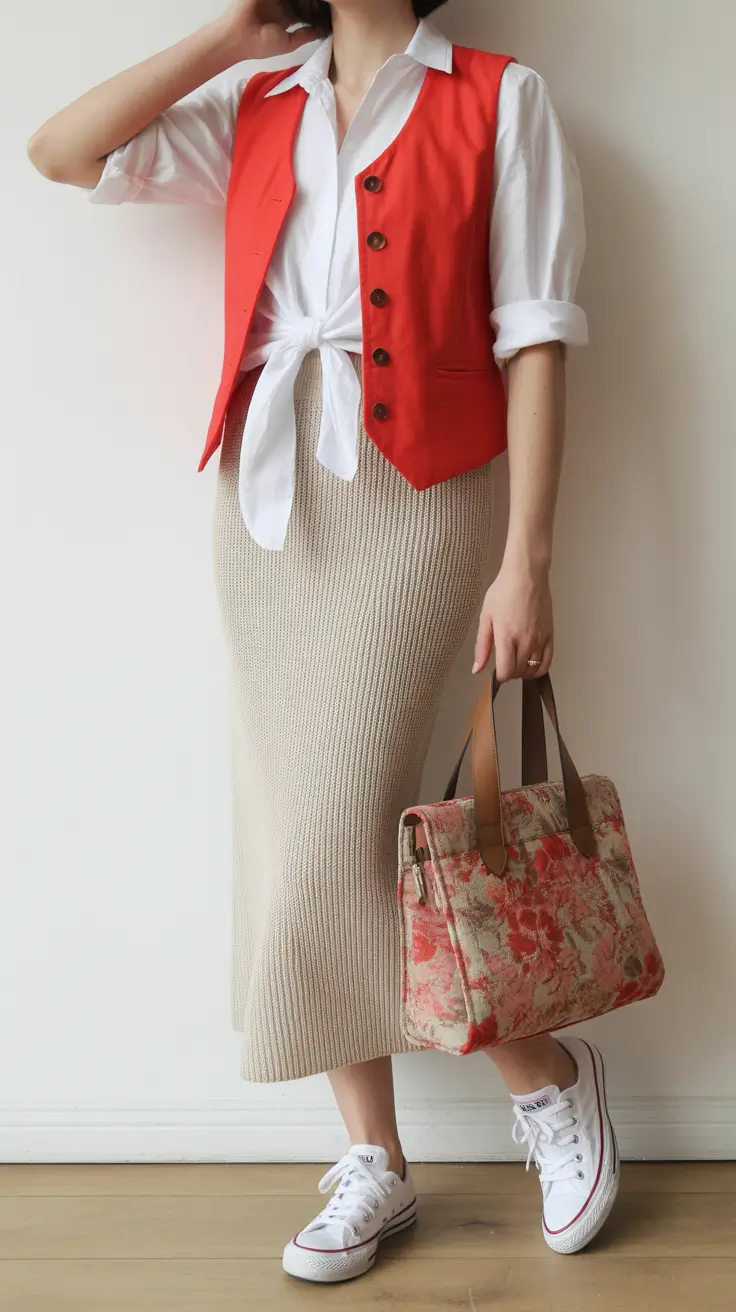 comfy outfits autumn Red Vest and Knit Skirt Mix
