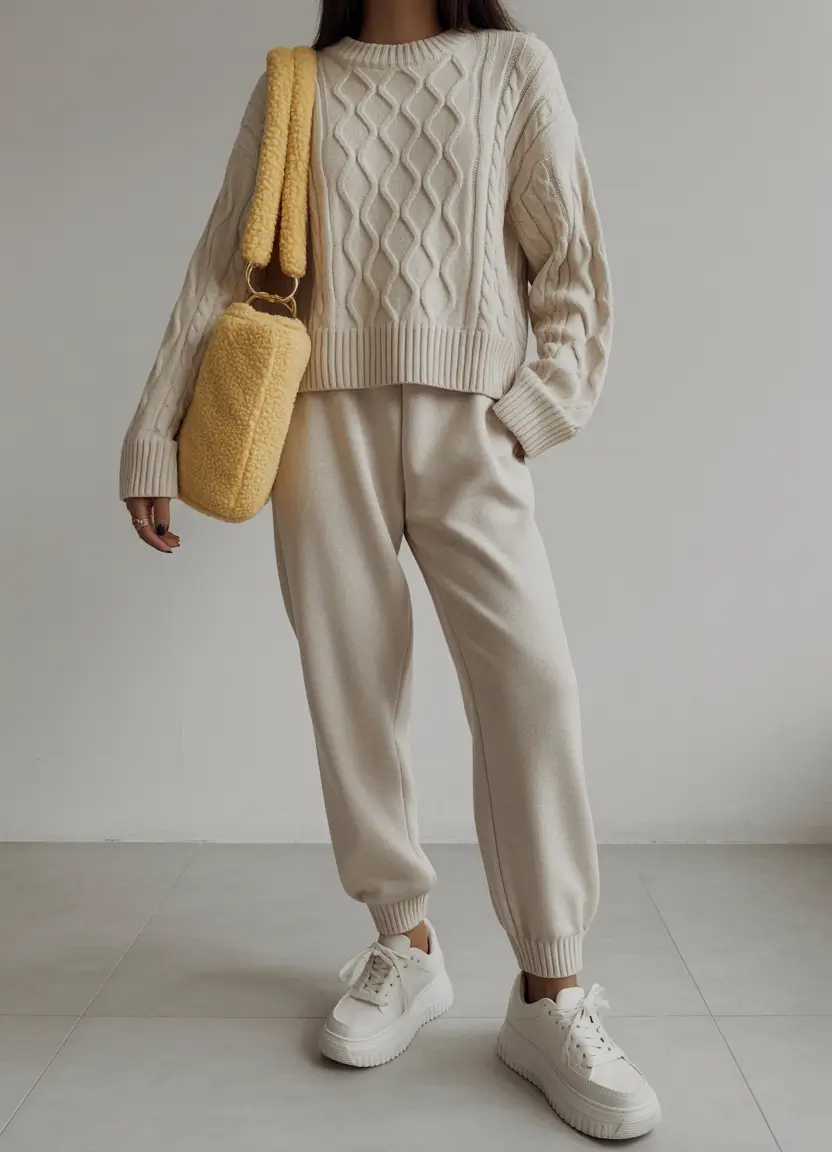 comfy outfits winter Creamy Knit Set with a Sunny Accent