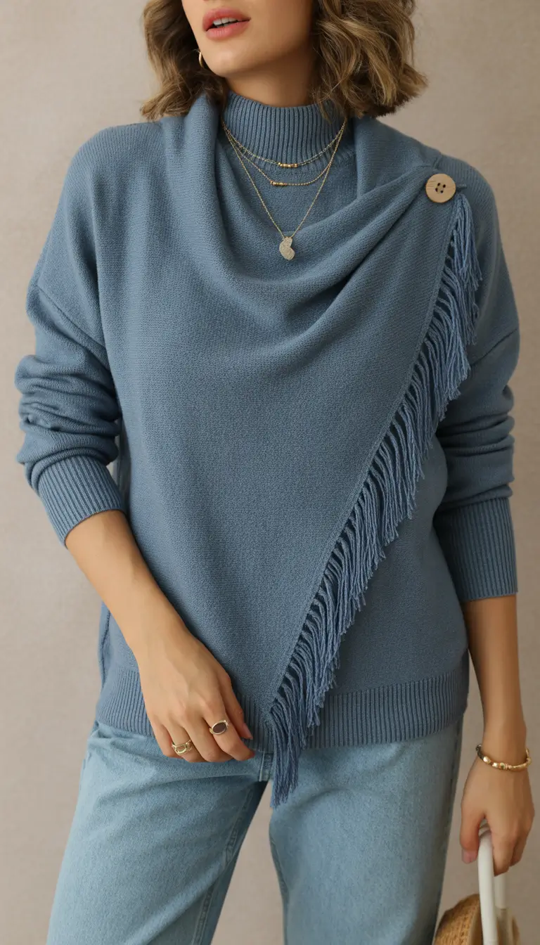 comfy outfits autumn Slate-Blue Fringe Knit and Denim