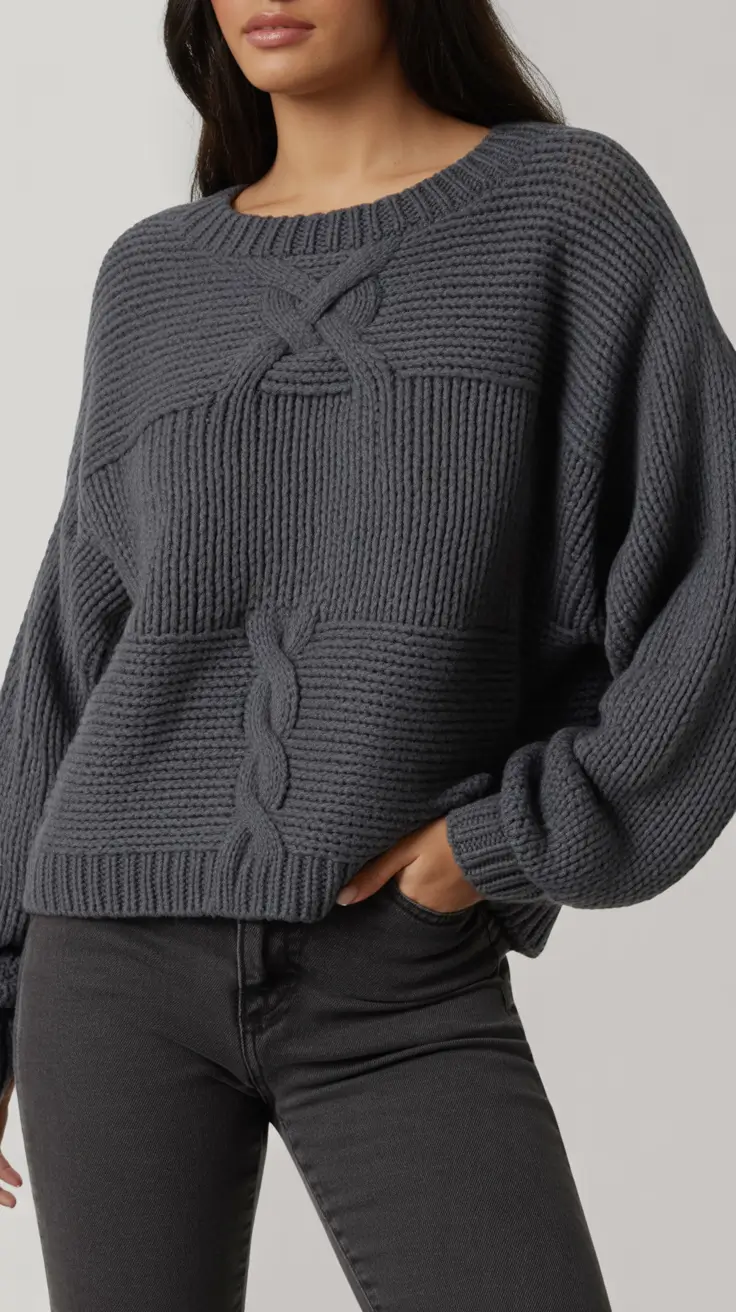 comfy outfits winter Charcoal Chunky Sweater and Denim