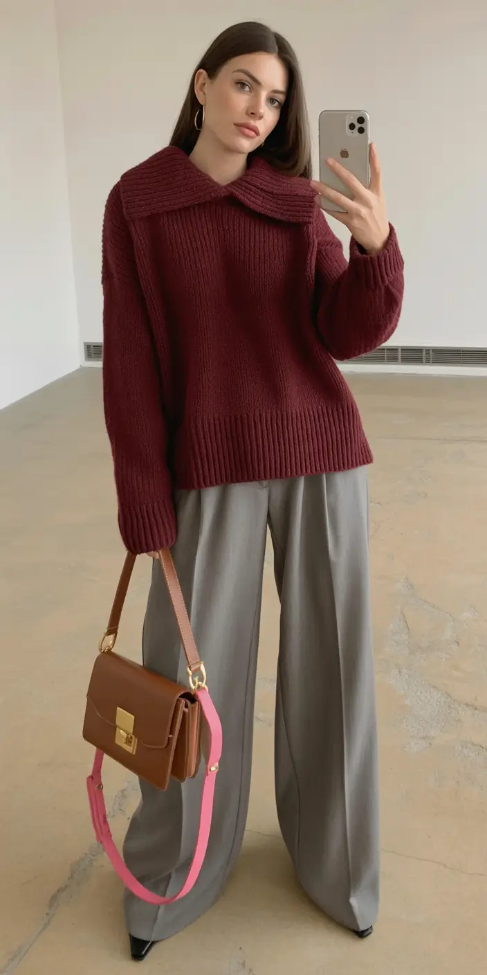 comfy outfits autumn Burgundy Knit and Tailored Trousers