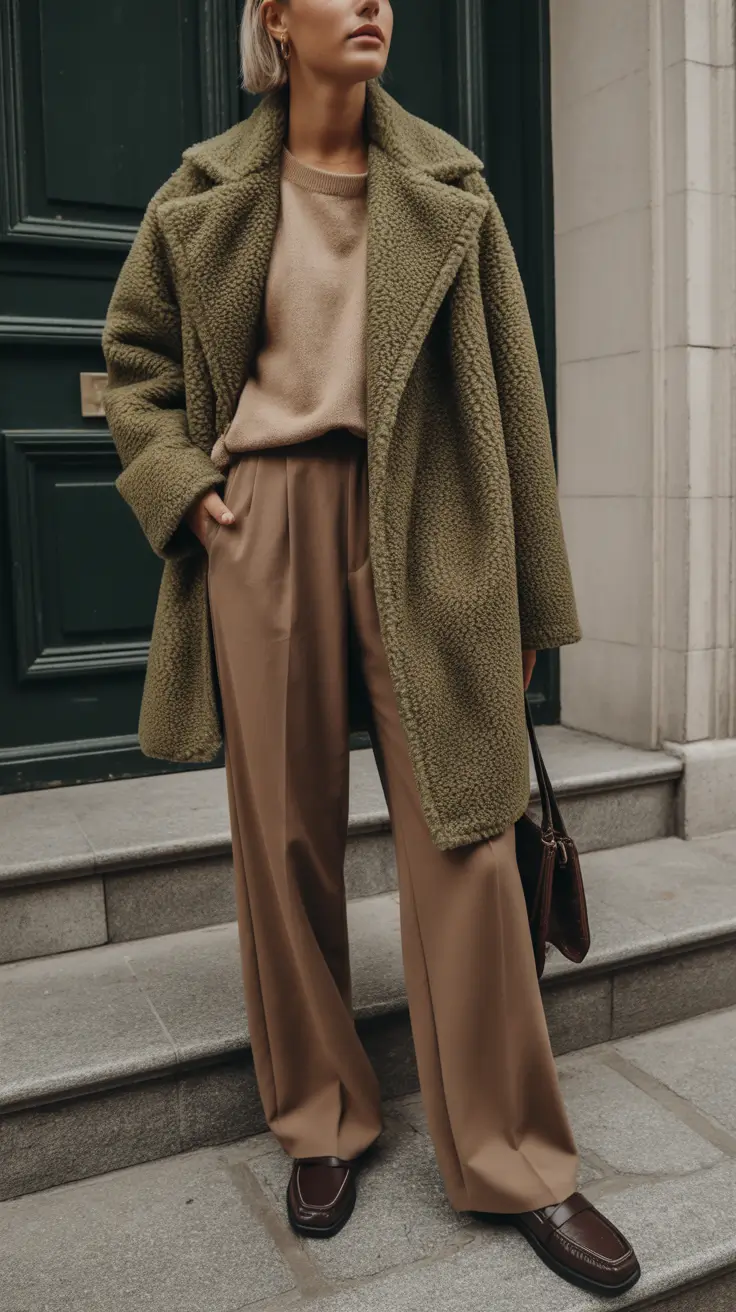 comfy outfits winter Teddy Coat and Wide Trousers in Earth Tones
