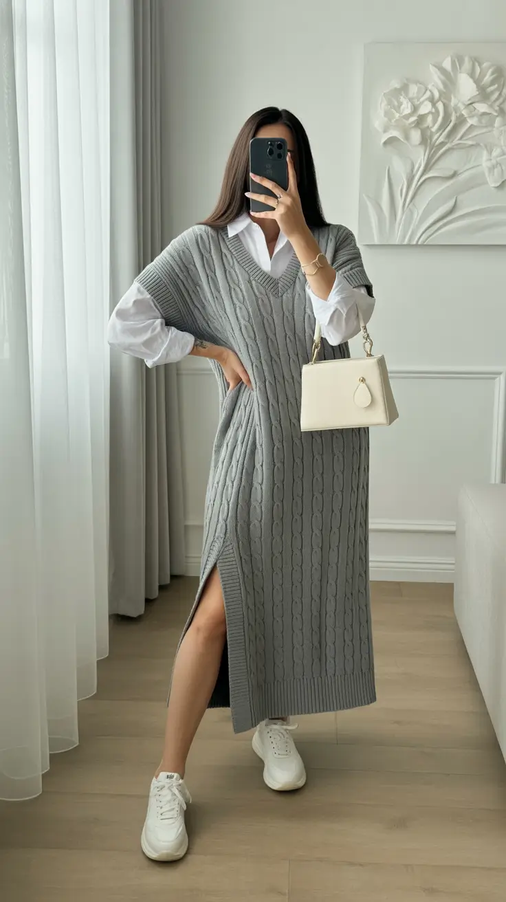 comfy outfits winter - Knit Dress Layering with Sneaker Energy