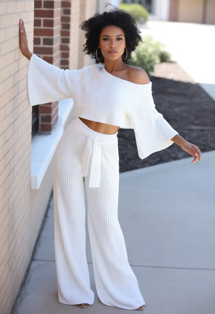 comfy outfits summer - All-White Ribbed Knit Power Set