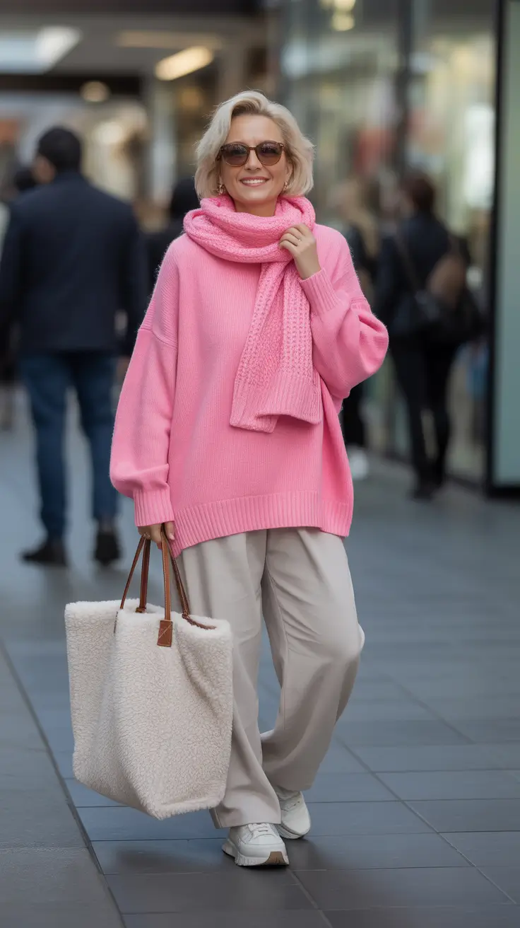 comfy outfits fall - Bright Pink Knit and Soft Neutrals in the City