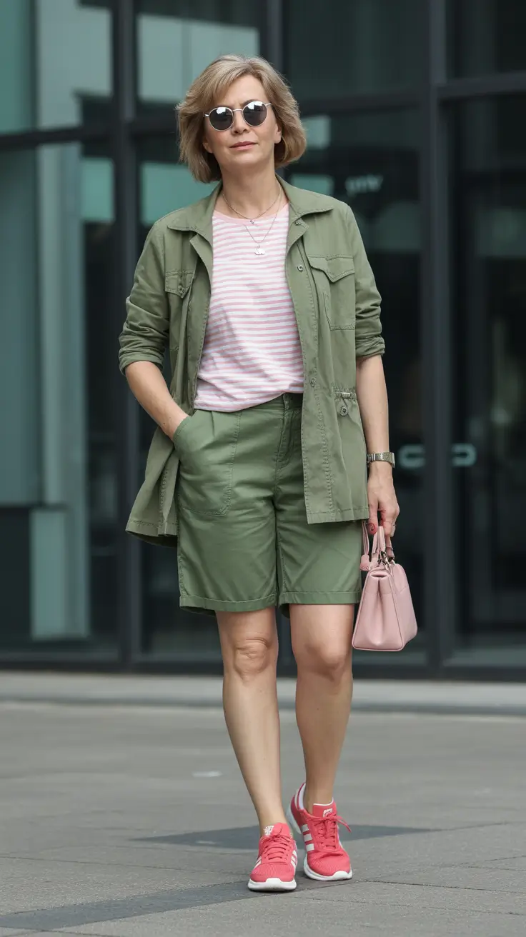 comfy outfits for summer - Utility Green and Stripes with Sporty Shorts