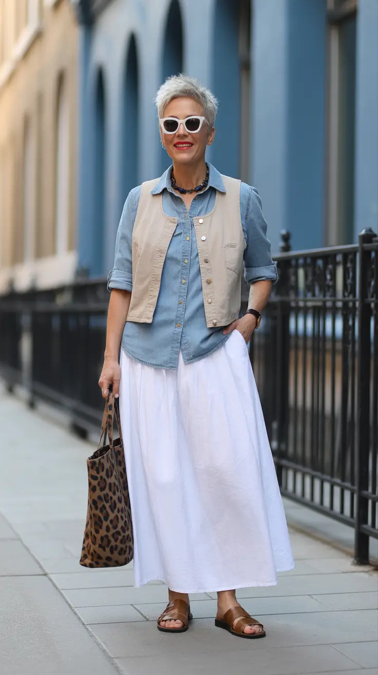 comfy outfits autumn - Denim, Vest Layers, and a Breezy White Skirt