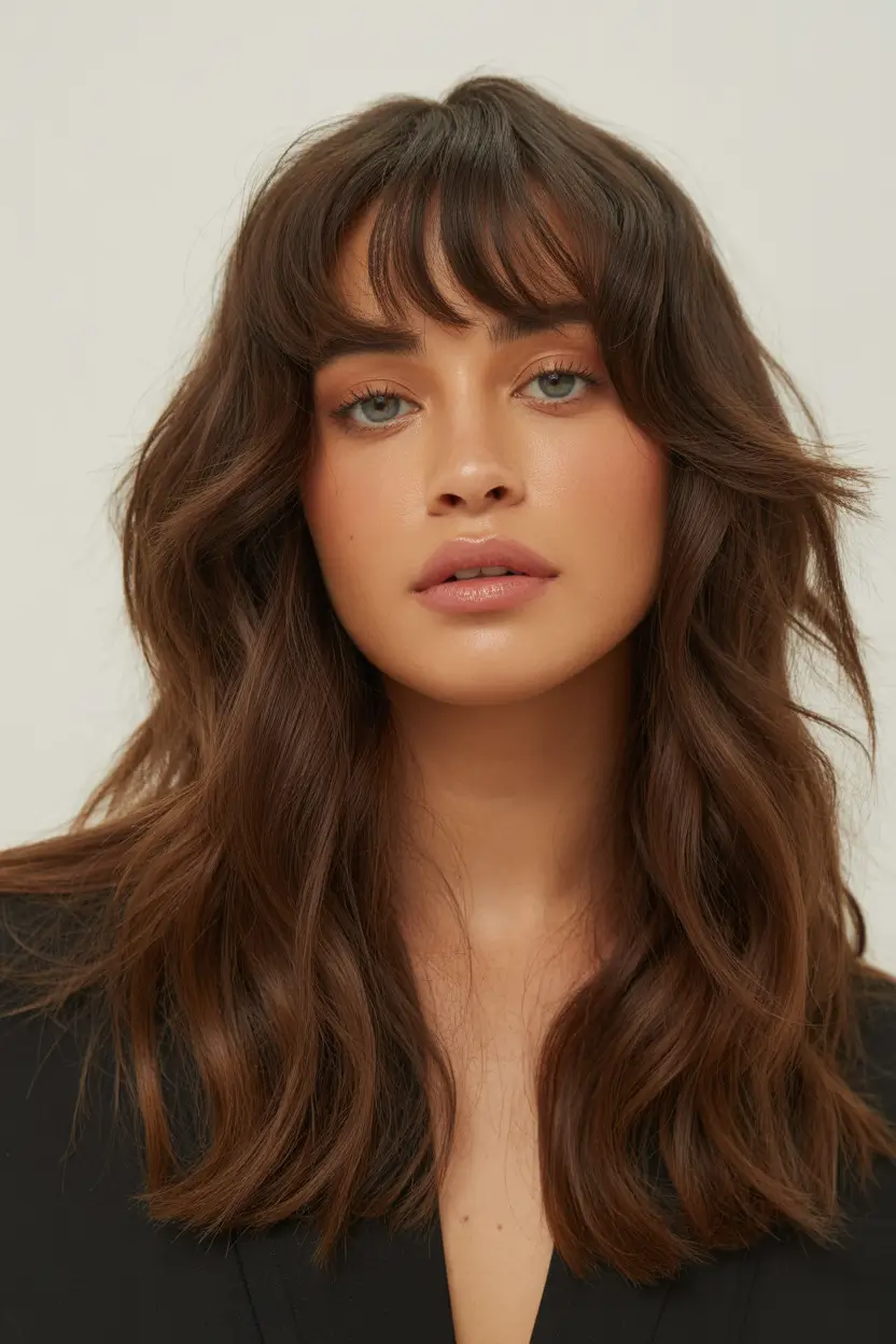 Cool vs warm brown hair colors 2026 Teddy bear brunette with airy bangs