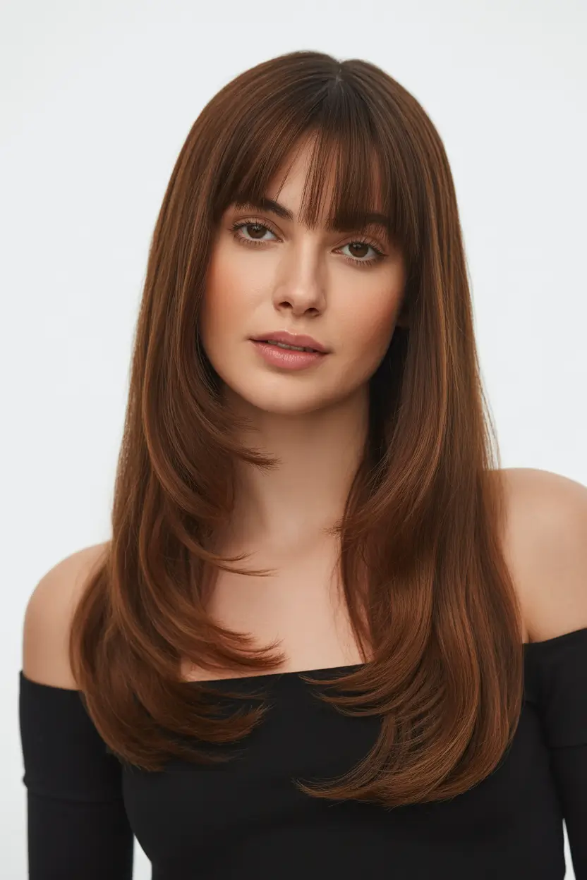 Cool vs warm brown hair colors 2026 Sleek chocolate layers with classic fringe