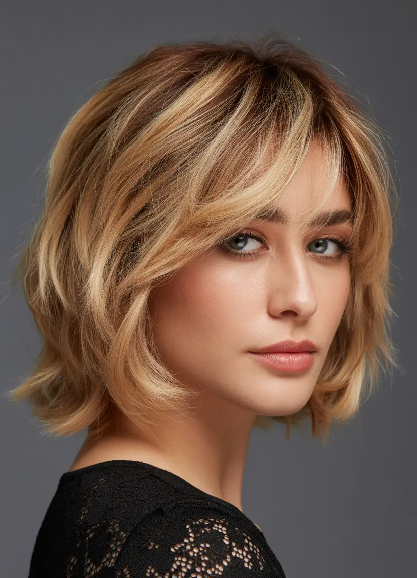 Creamy honey brown hair color 2026 - Tousled Honey Shag Bob With Cinnamon Fringe
