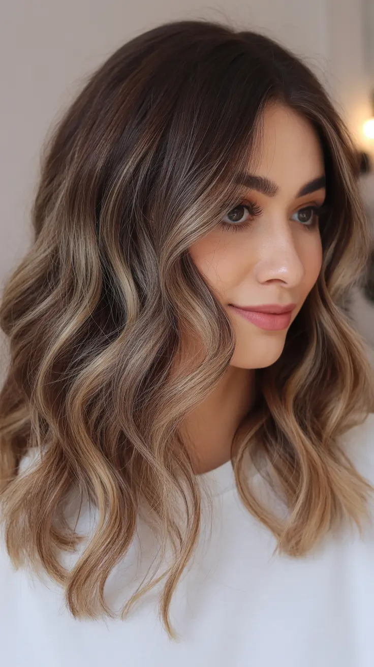 Creamy honey brown hair color 2026 - Textured Honey Bronde Lob With Chocolate Depth