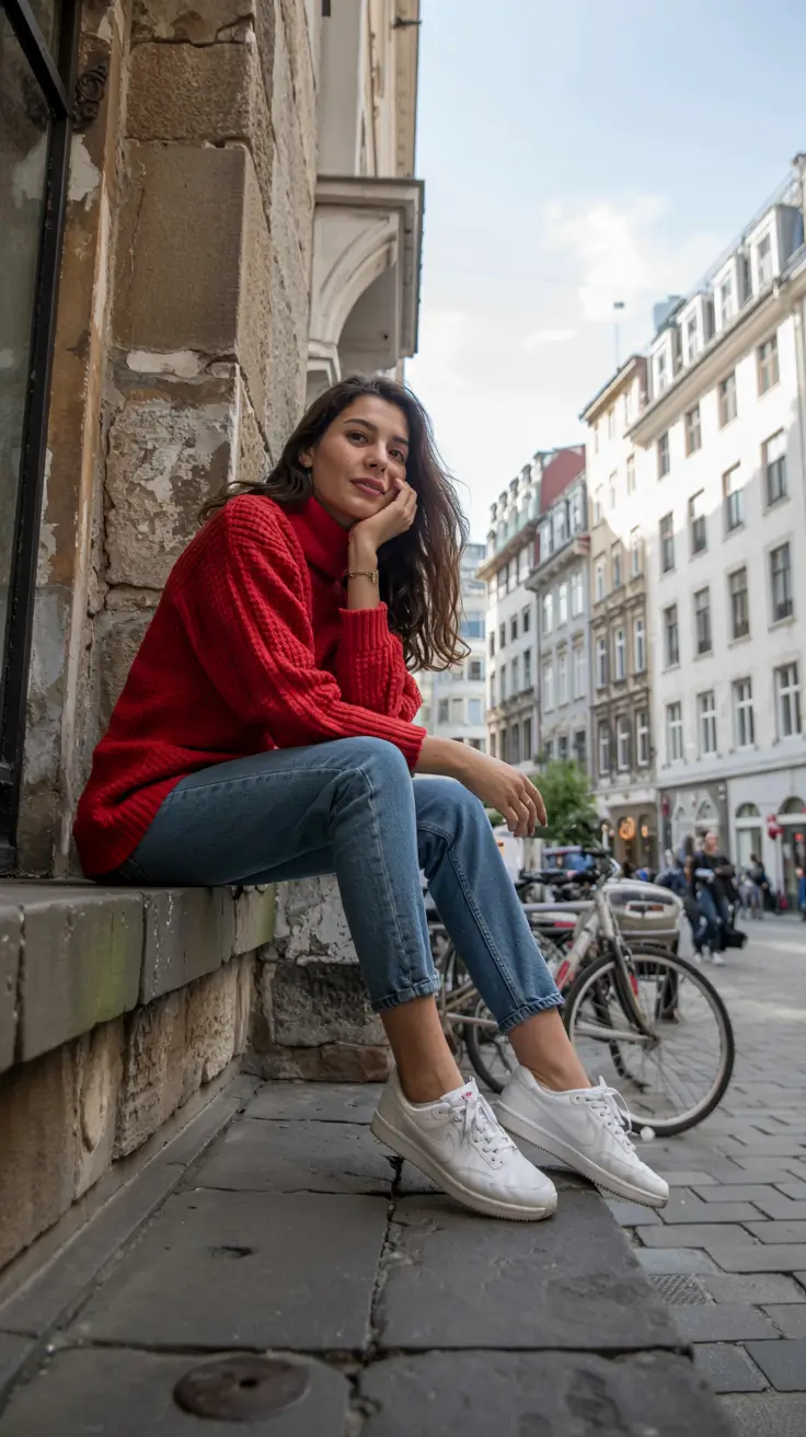 Everyday outfit inspiration 2026 Red Knit And Denim For City Days