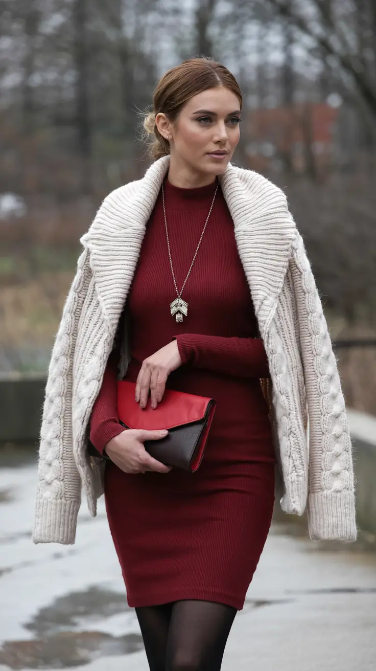 Everyday outfit inspiration 2026 Burgundy Knit Dress For Winter Evenings