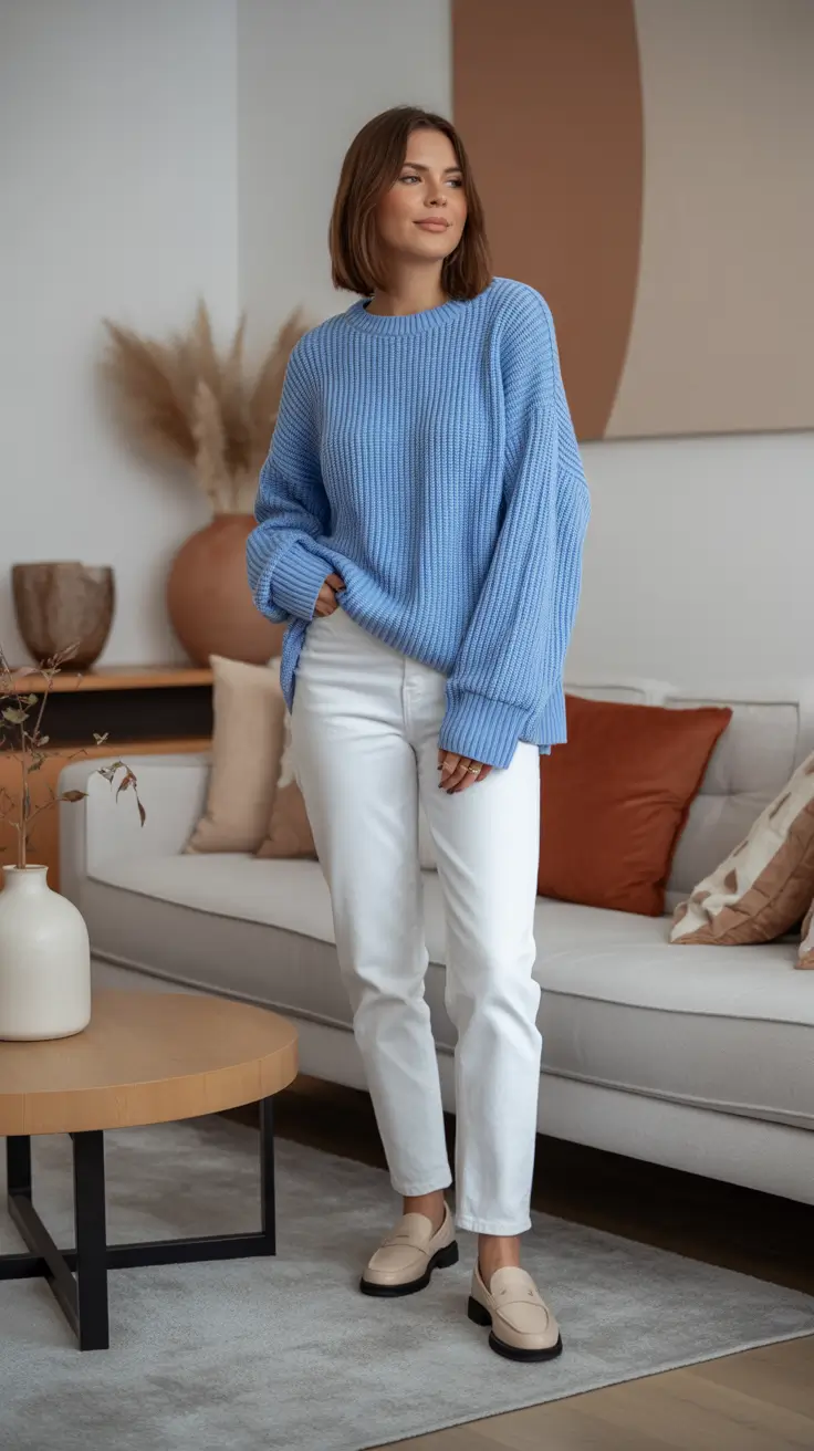 Everyday outfit inspiration 2026 Blue Knit And White Denim At Home