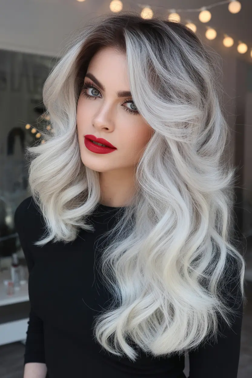 Expensive blonde hair color 2026 – Silver-Platinum Waves With Classic Red Lip