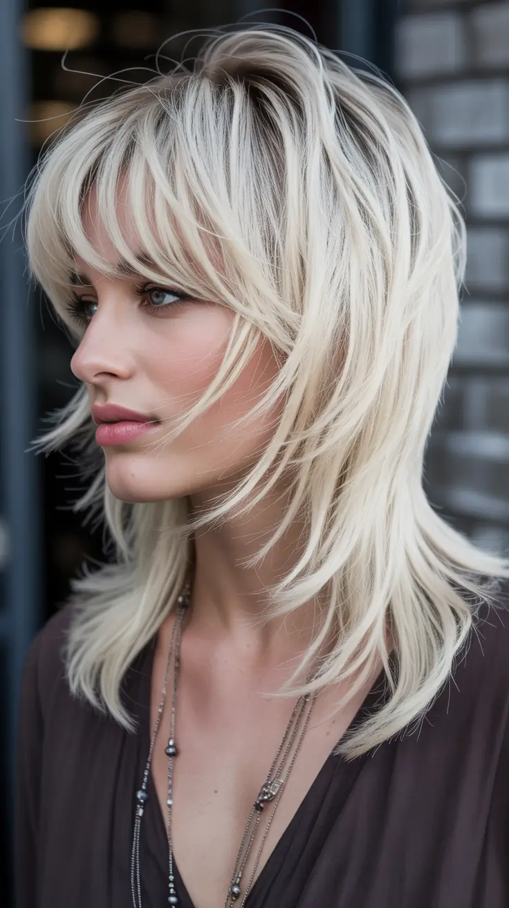 Expensive blonde hair color 2026 – Platinum Shag With Modern Fringe