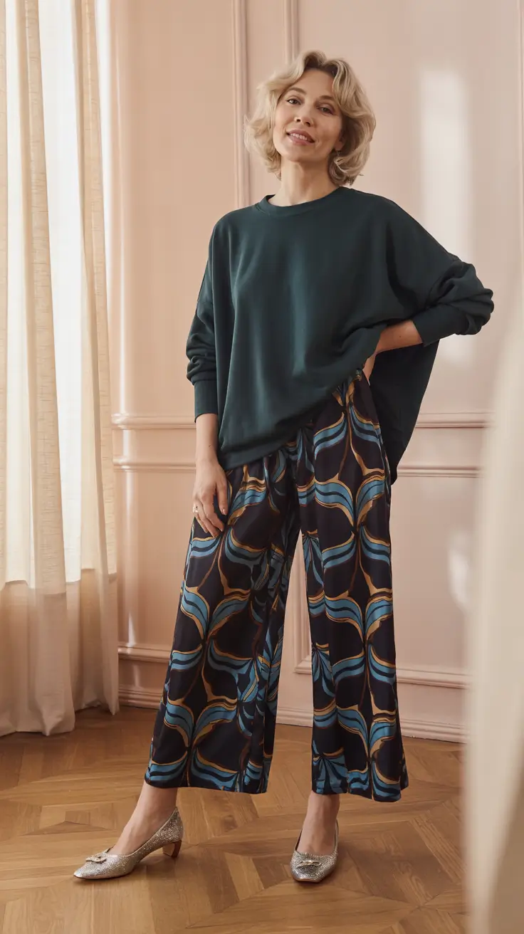 Fashion for women over 40 in 2026 - Printed Palazzo Pants For At-Home Glam