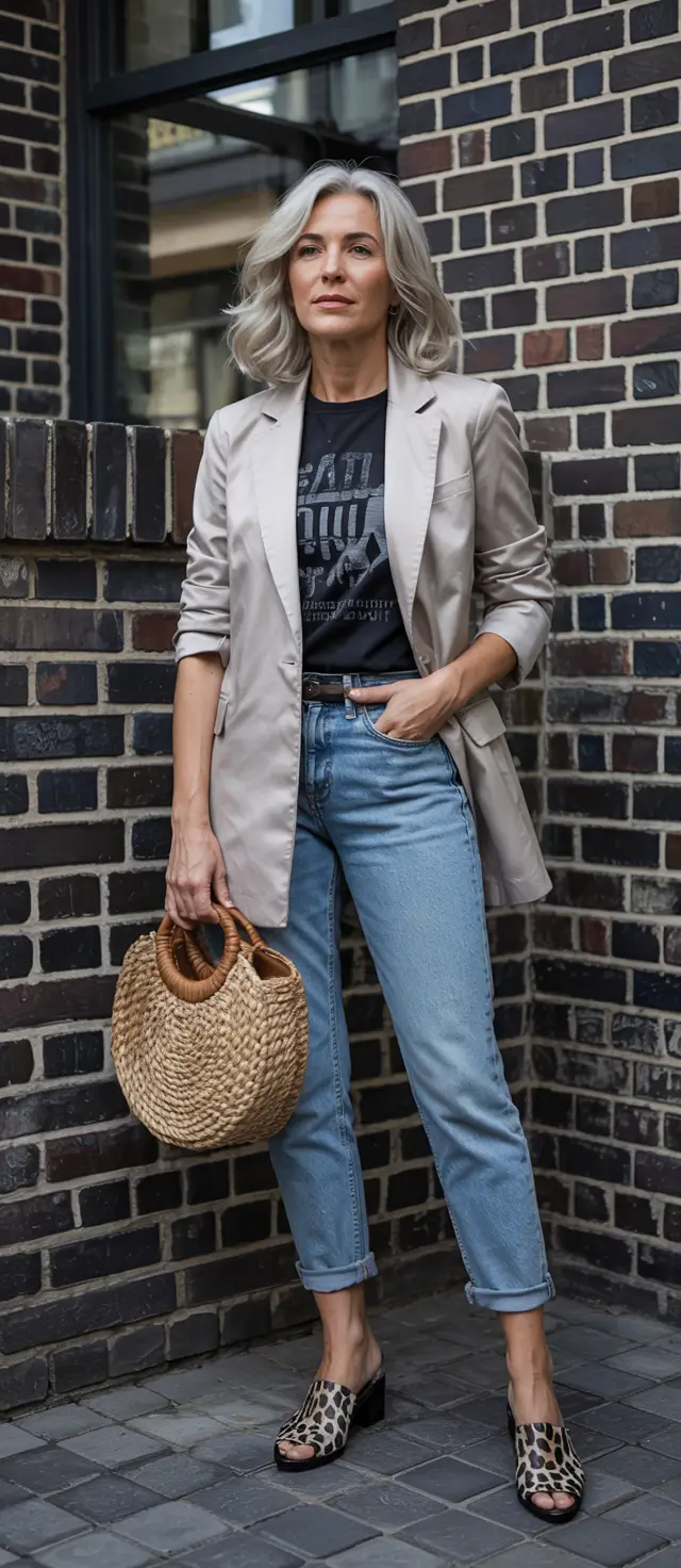 Fashion for women over 40 in 2026 - Blazer, Graphic Tee And Jeans For Rock Concert Nights