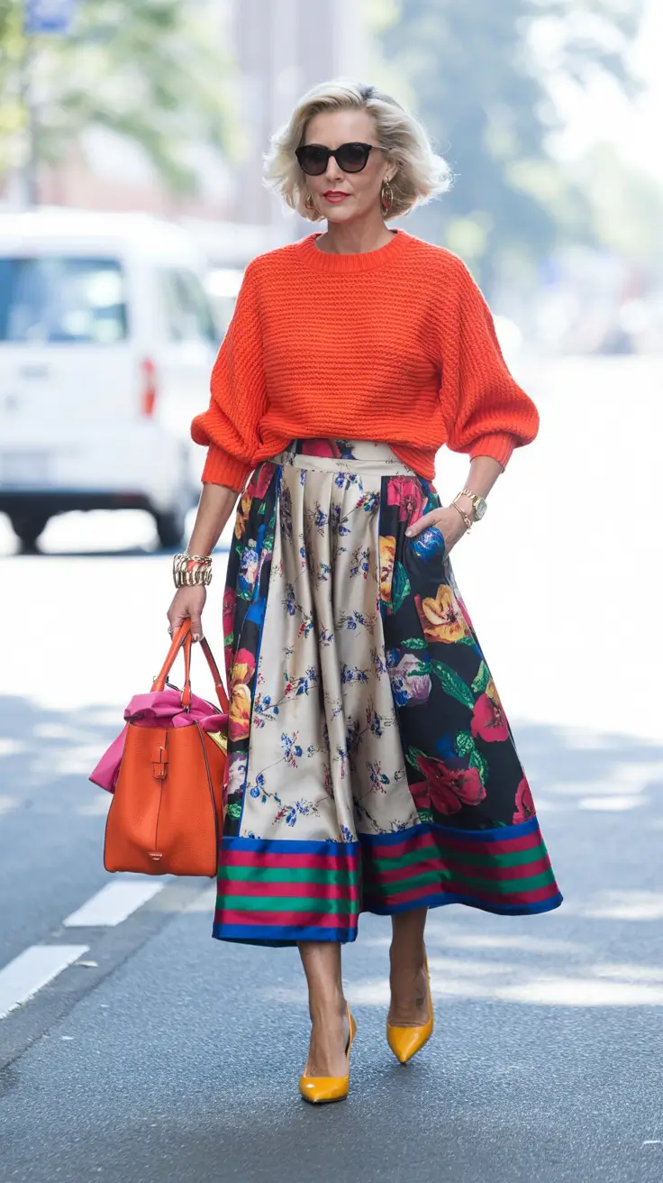 Fashion for women over 40 in 2026 - Bold Florals And Citrus Knit For Elegant Days Out
