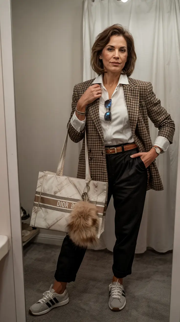 Fashion for women over 40 in 2026 - Checked Blazer And Sneakers For Modern Tailgate Weekends