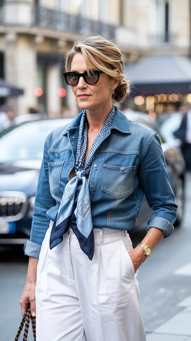 Fashion for women over 40 in 2026 - Denim, Silk And White For City Casual Chic