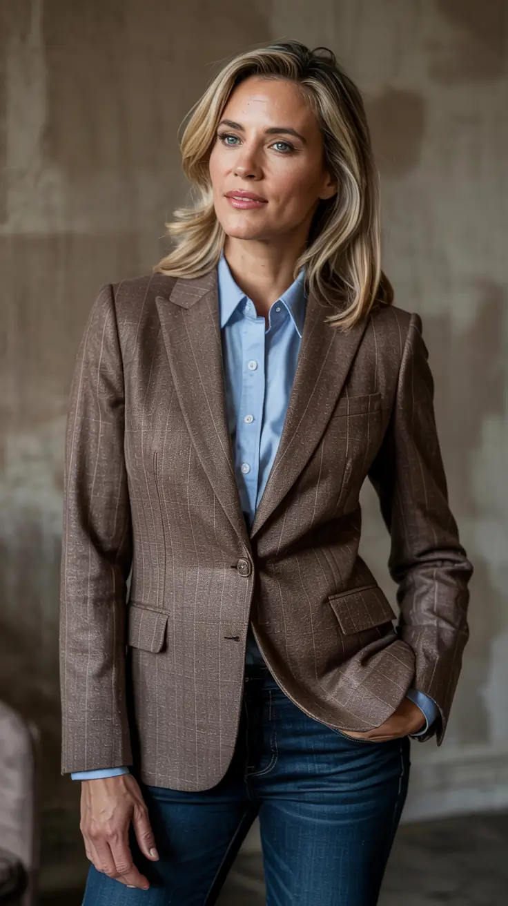 Fashion for women over 40 in 2026 - Pinstripe Blazer And Denim For Sharp Career Days