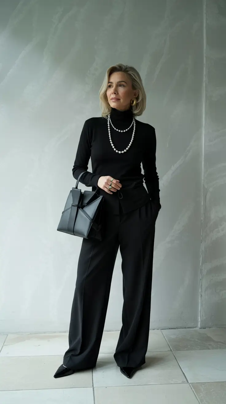 Fashion for women over 40 in 2026 - All-Black Pearls For Elegant Evenings