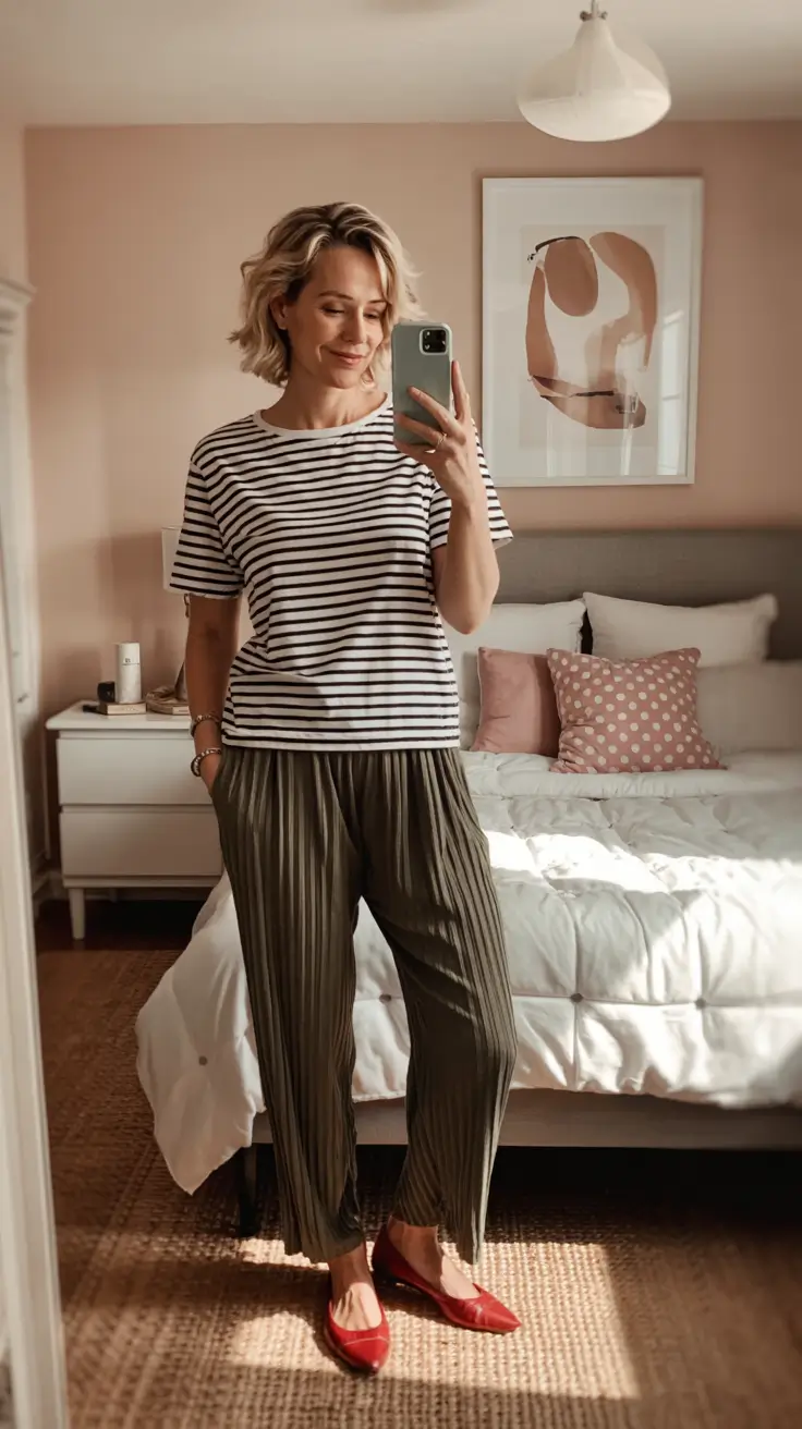 Fashion for women over 40 in 2026 - Stripes, Pleats And Red Flats For Everyday Ease
