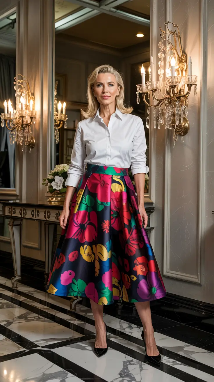 Fashion for women over 40 in 2026 - White Shirt And Floral Skirt For Modern Cocktail Nights