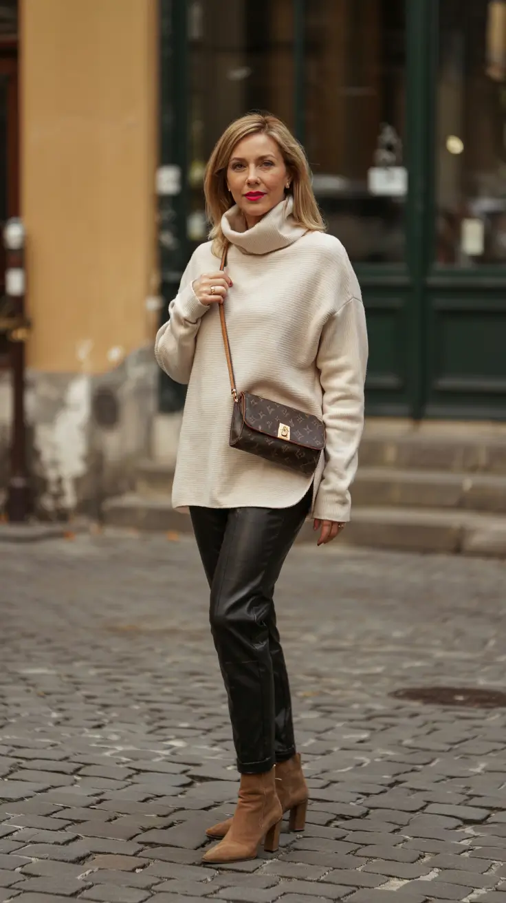 Fashion for women over 40 in 2026 - Cozy Neutrals With A Leather Edge