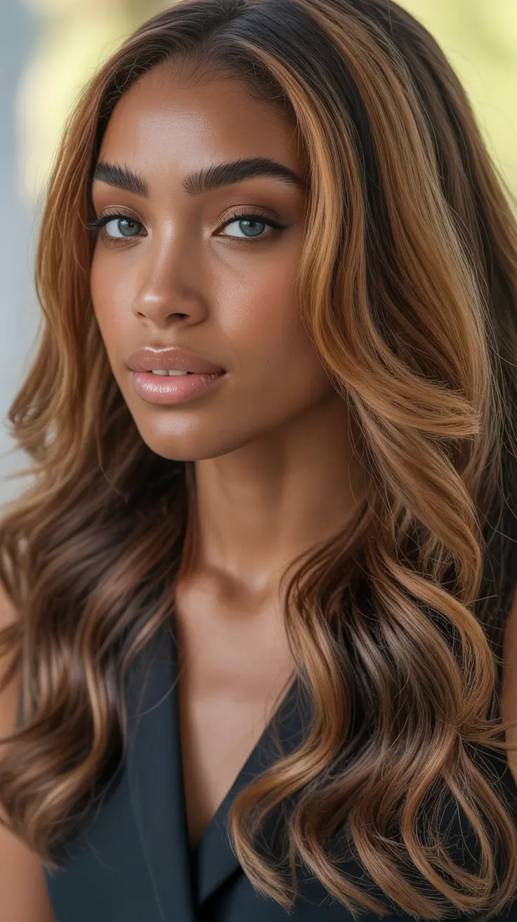 hair color for brown skin tone Warm Chocolate Waves with Soft Highlights