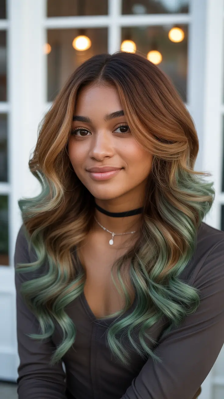 hair color for brown skin tone Green Dipped Caramel Waves