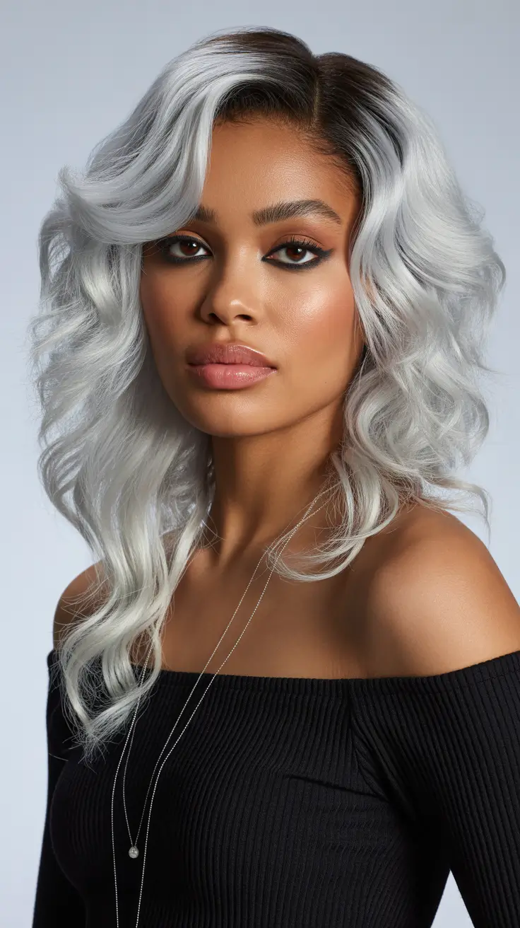 hair color for brown skin tone Silver Frost Wavy Glow