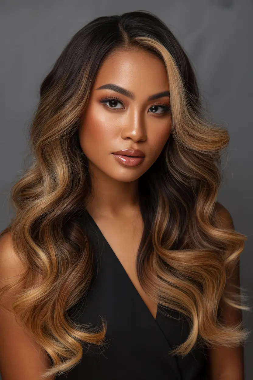 hair color for brown skin tone Caramel Cascade Hollywood Volume
