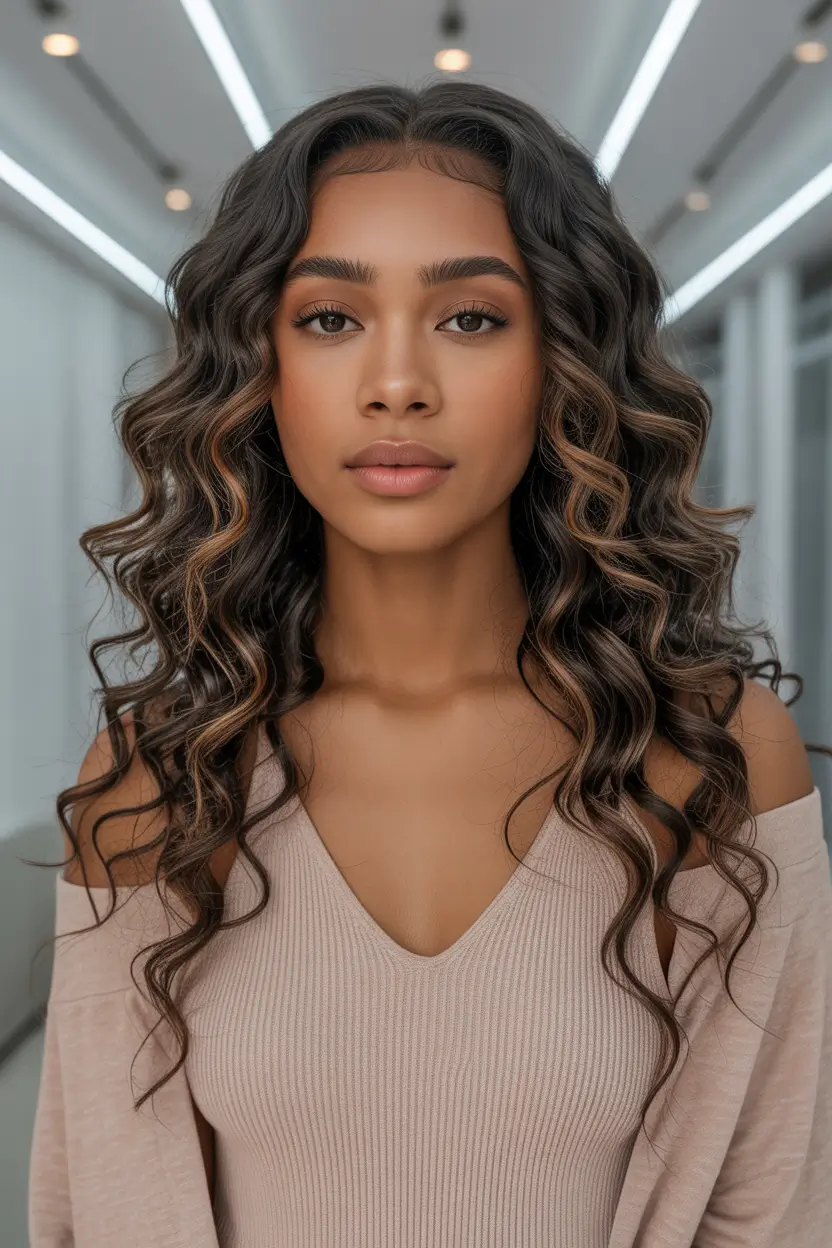 hair color for brown skin tone Soft Defined Brown Curls with Subtle Highlights