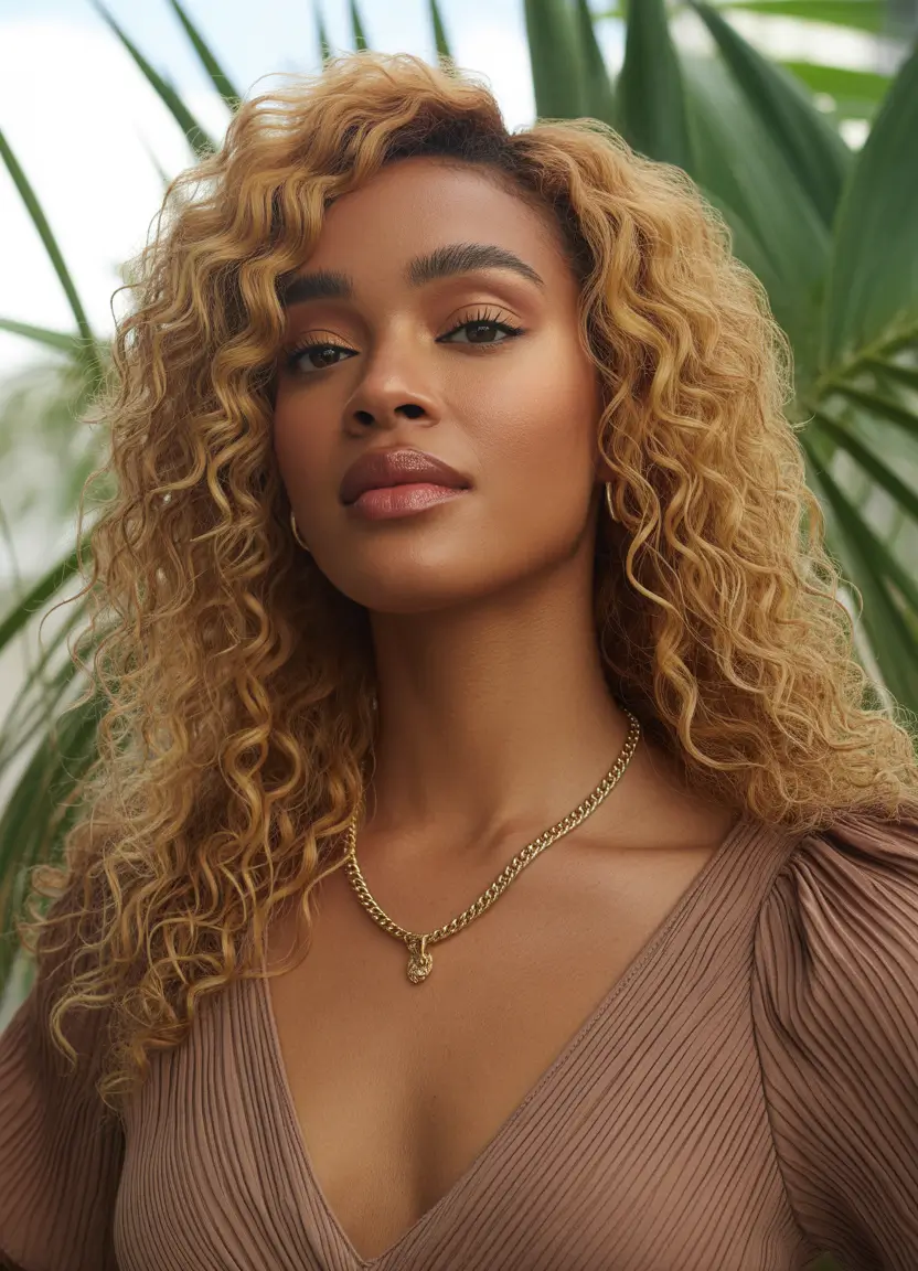 hair color for brown skin tone Honeyed Golden Curly Light