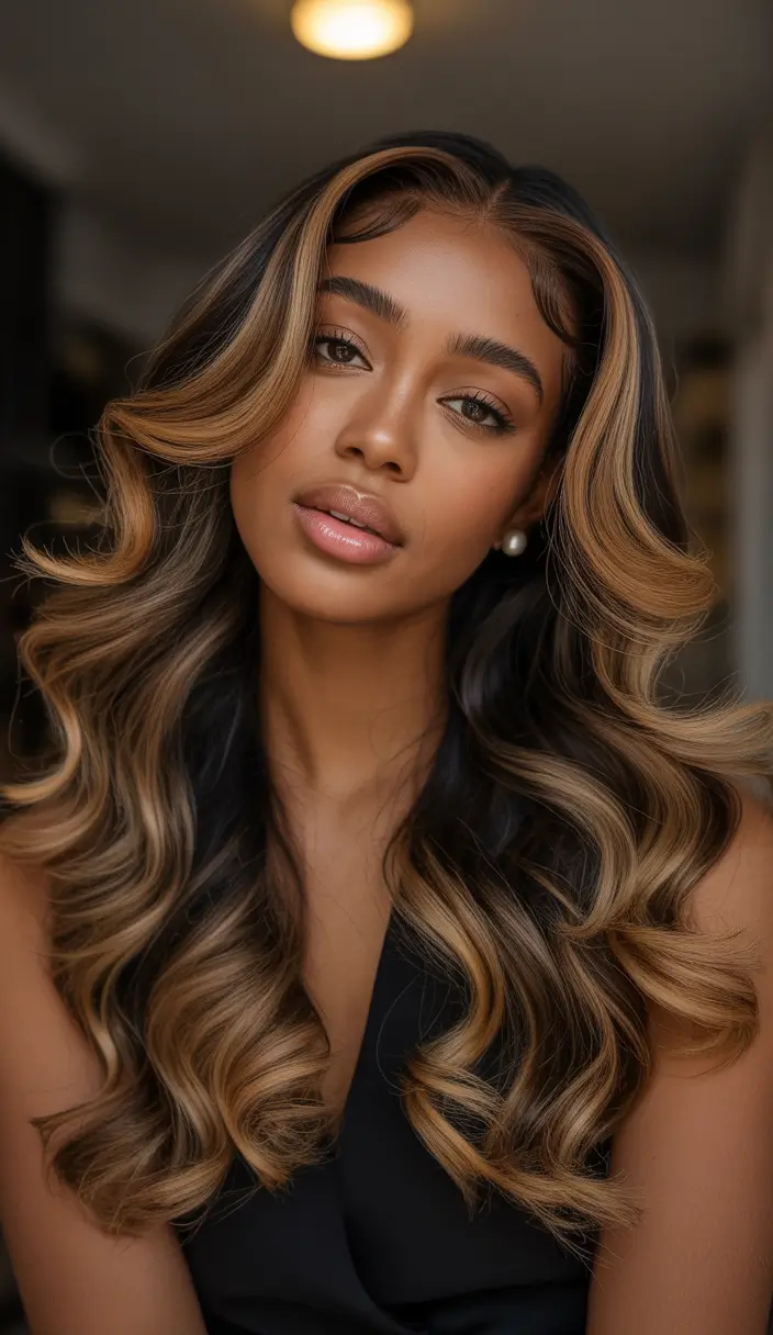 hair color for brown skin tone Blended Caramel and Brunette Glam Waves