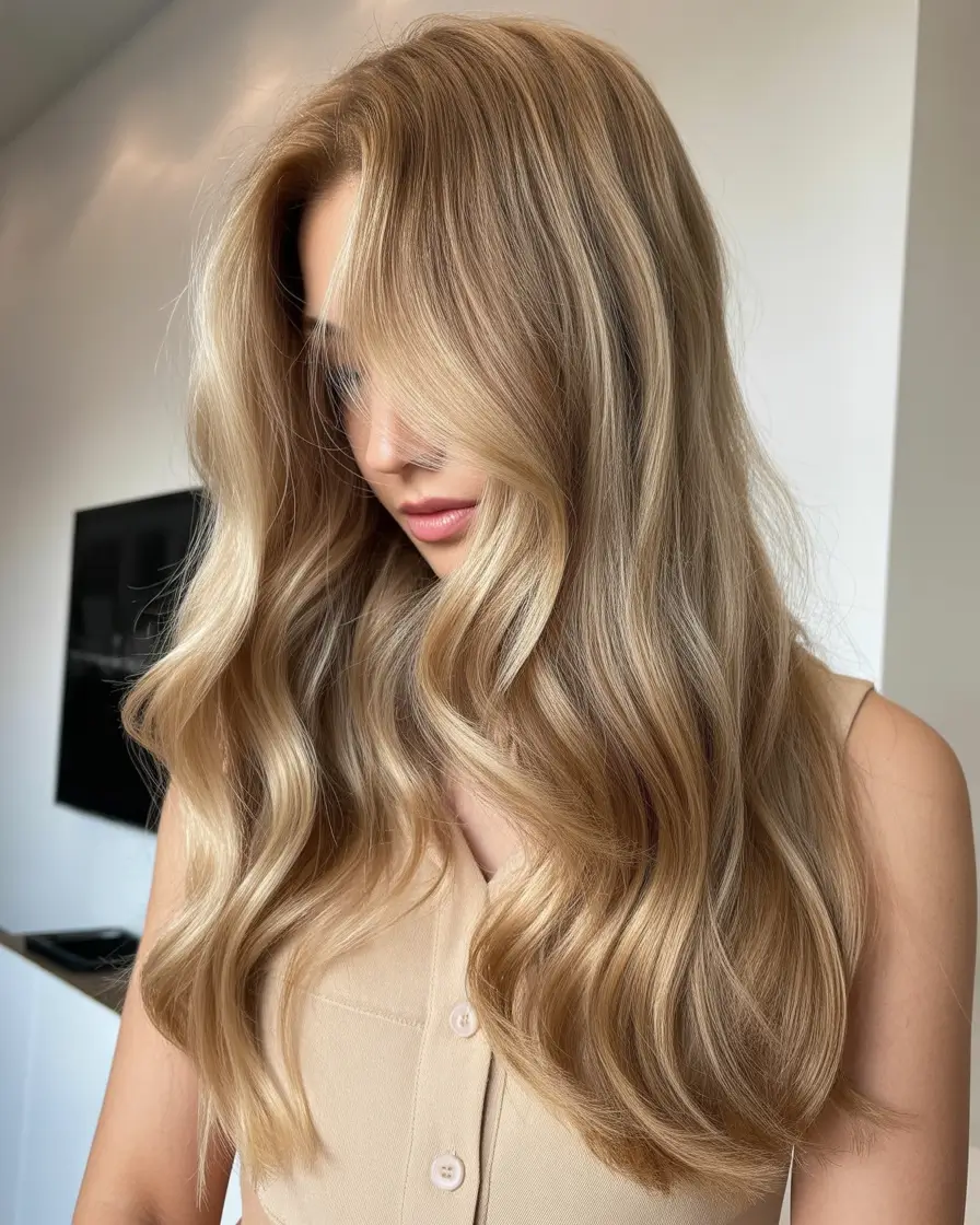 Honey blonde hair color 2026 – Milk-Honey Blonde Waves with Soft Center Part