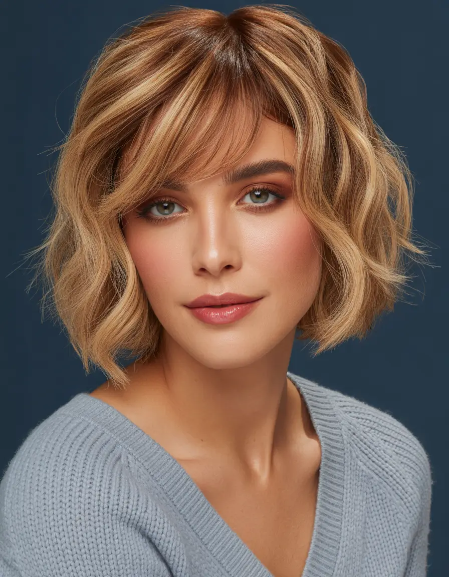 Honey blonde hair color 2026 – Textured Honey Bob with Feathered Bangs