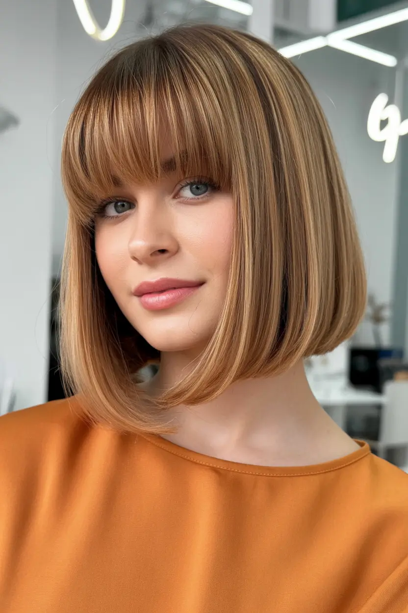 Honey blonde hair color 2026 – Modern Honey Blonde Bob with Soft Rounded Fringe