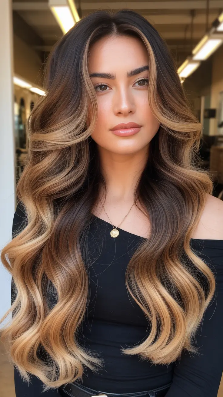 Honey blonde hair color 2026 – Ultra-Long Honey Balayage Waves with Dark Depth
