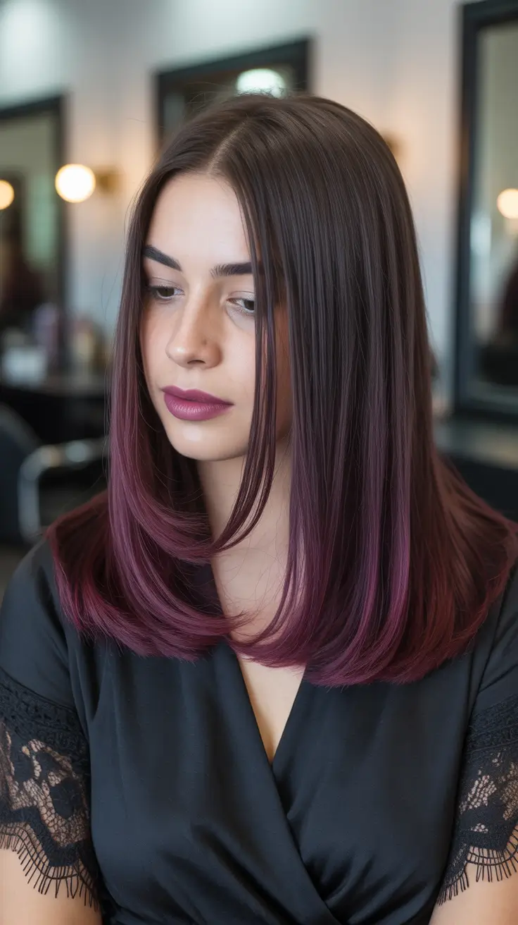 Lived-in chocolate brown hair color 2026 Plum-Dipped Medium Chocolate Sleekness