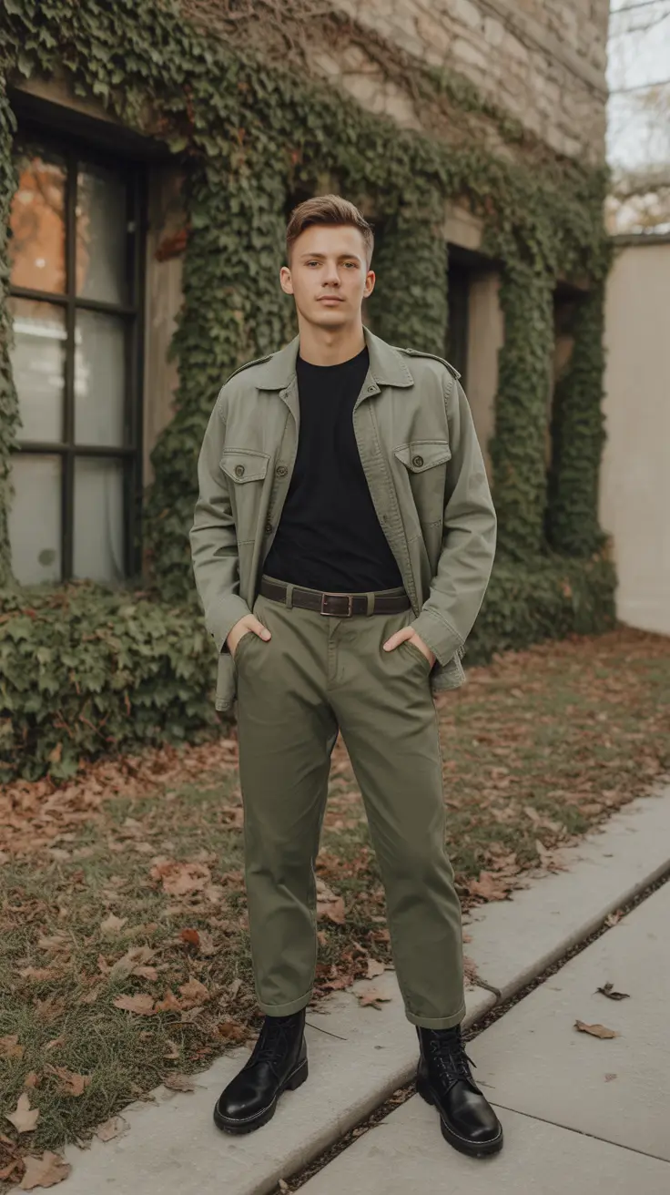 Men's outfit inspiration 2026 – Olive Utility Layers with a Modern Safari Mood