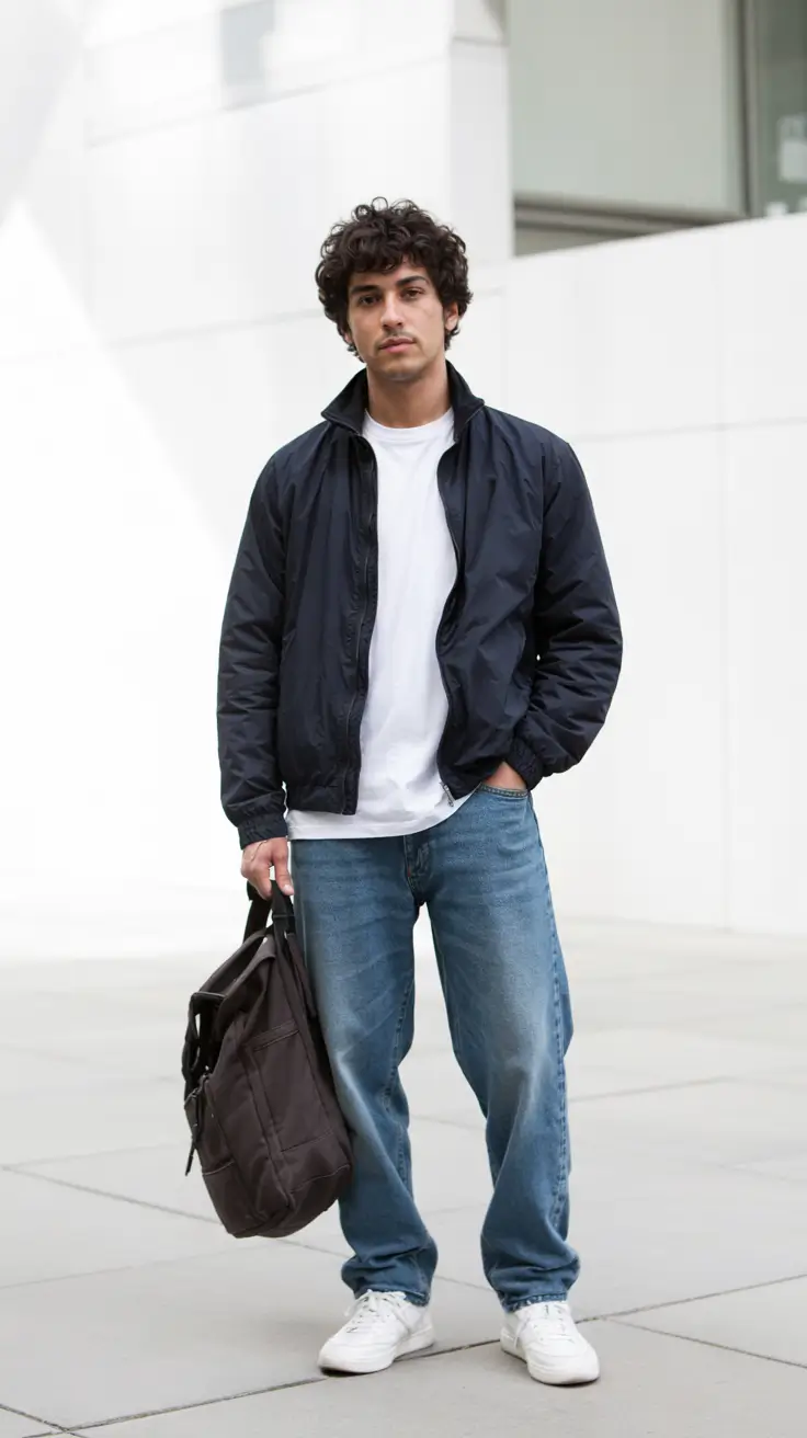Men's outfit inspiration 2026 – Navy Windbreaker and Denim for Easy City Movement