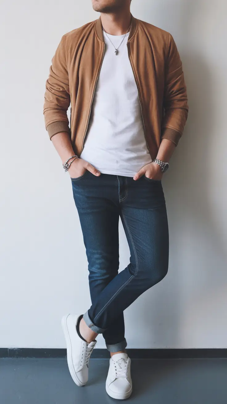 Men's outfit inspiration 2026 – Camel Bomber and Dark Denim for Everyday Confidence